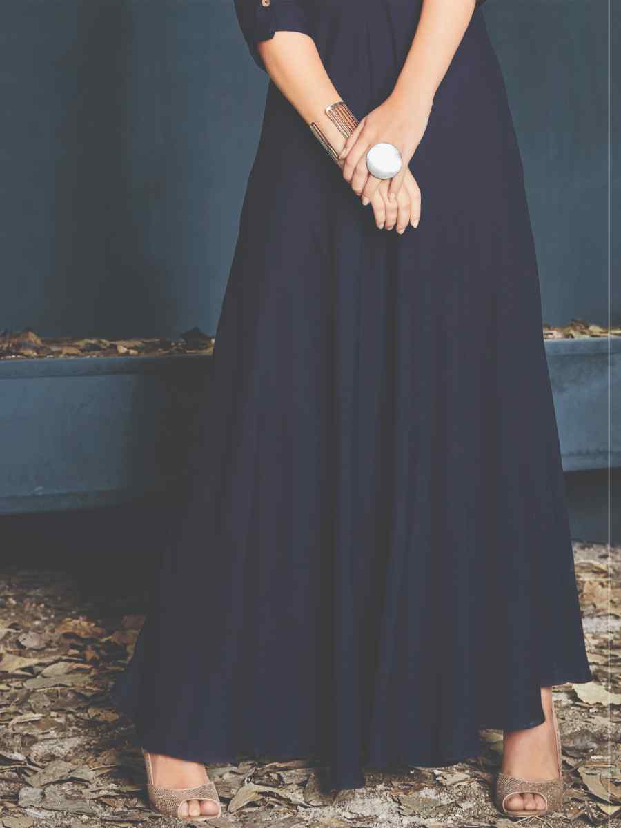 Navy Blue Rayon Embroidered Festival Casual Gown