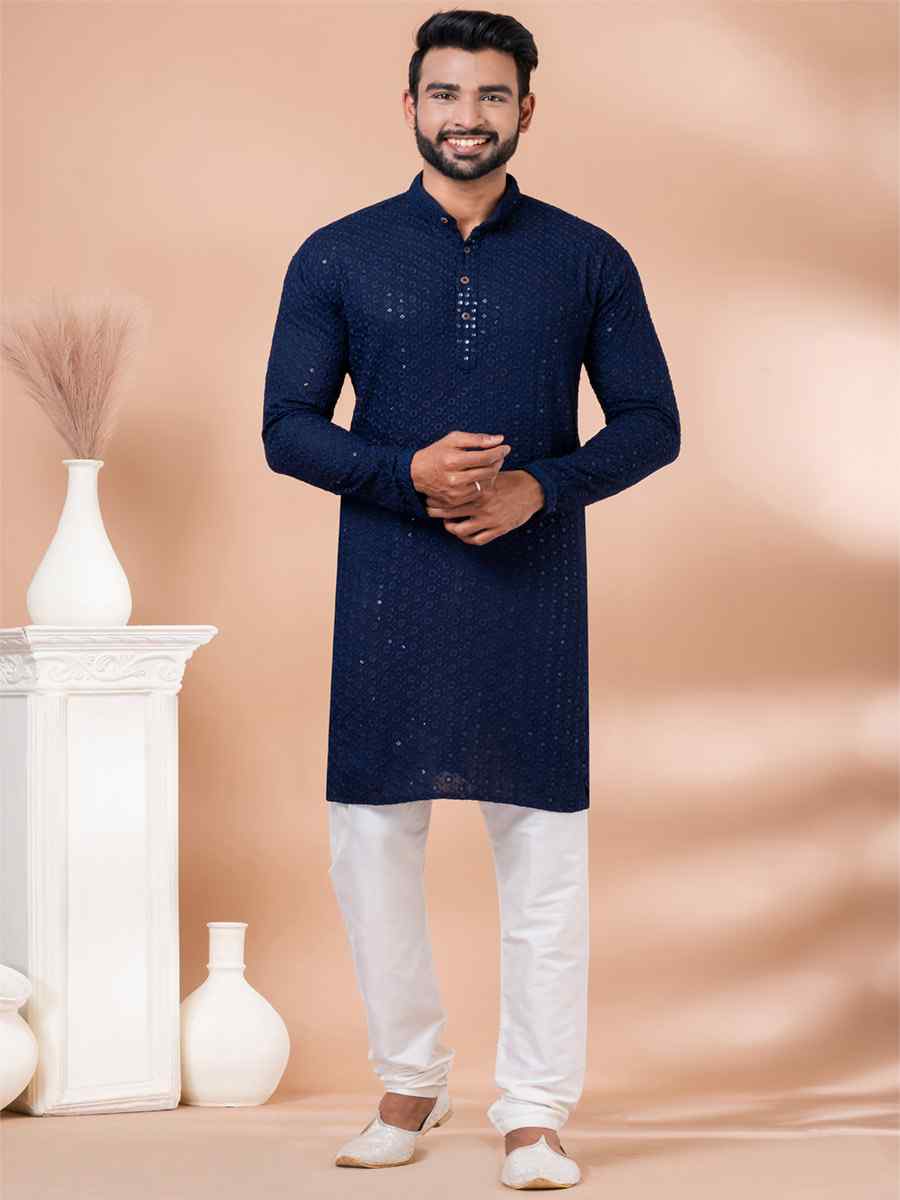 Navy Blue Rayon Embroidered Festival Casual Kurta