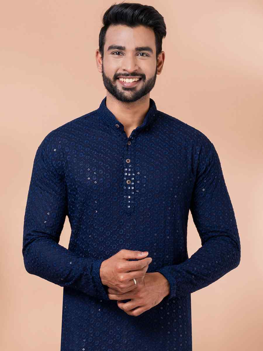Navy Blue Rayon Embroidered Festival Casual Kurta