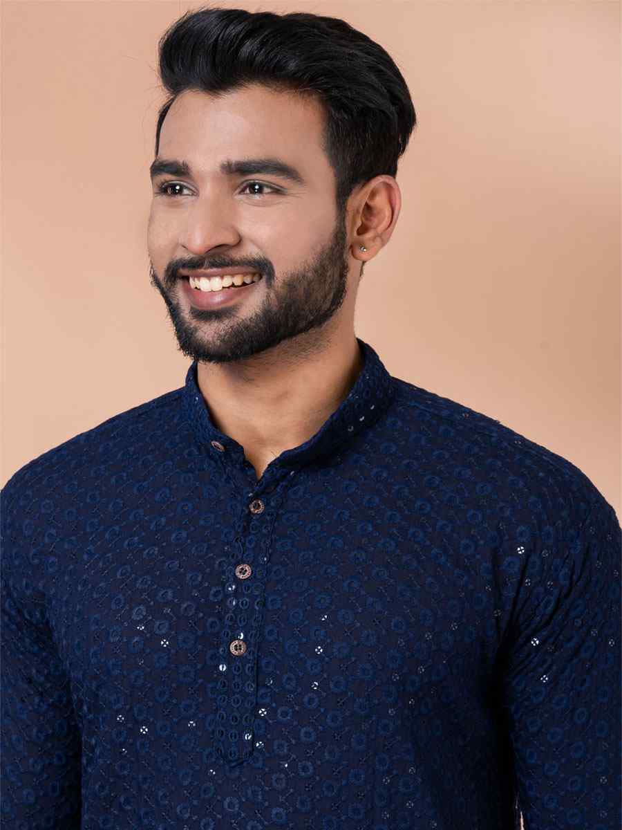 Navy Blue Rayon Embroidered Festival Casual Kurta