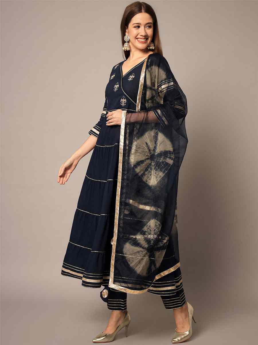 Navy Blue Rayon Embroidered Festival Casual Ready Anarkali Salwar Kameez