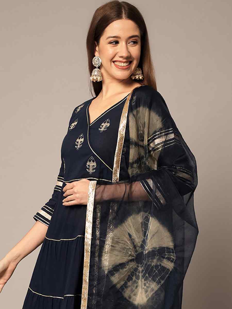 Navy Blue Rayon Embroidered Festival Casual Ready Anarkali Salwar Kameez