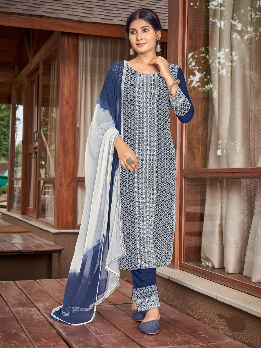 Navy Blue Rayon Embroidered Festival Pant Kameez