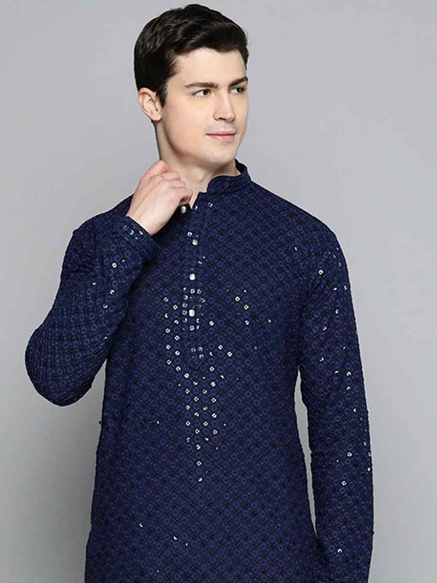 Navy Blue Rayon Embroidered Festival Party Kurta