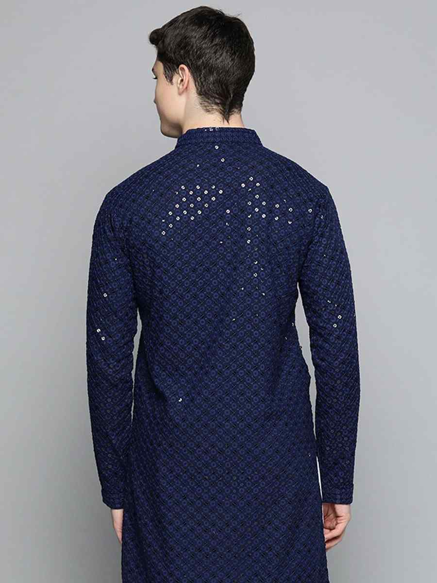 Navy Blue Rayon Embroidered Festival Party Kurta