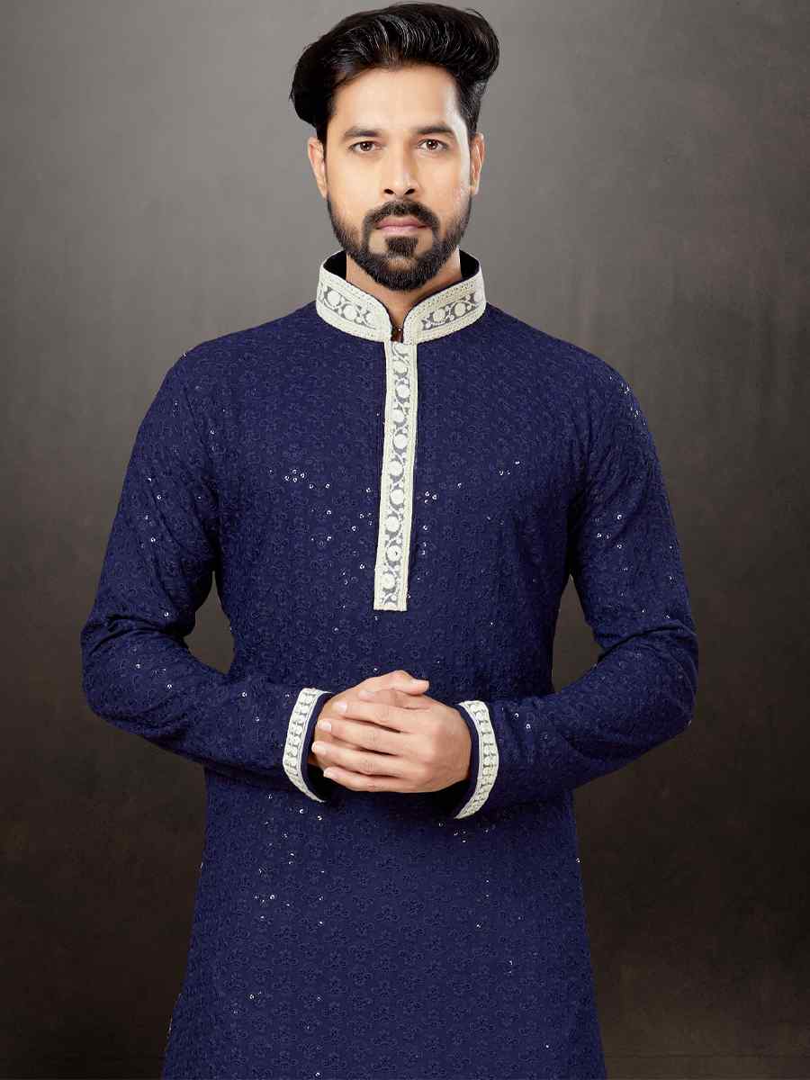 Navy Blue Rayon Lucknowi Woven Festival Wedding Kurta