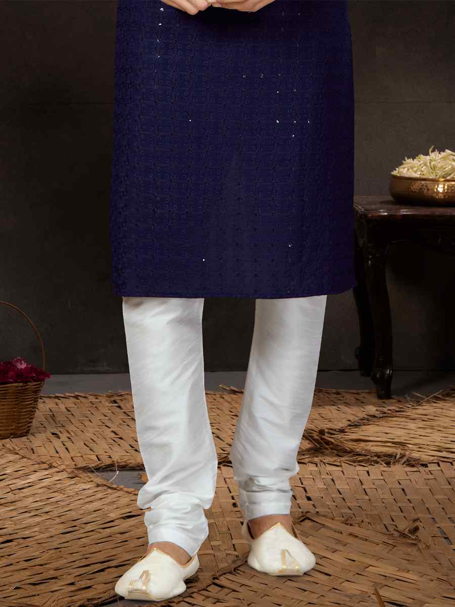 Navy Blue Rayon Lucknowi Woven Festival Wedding Kurta