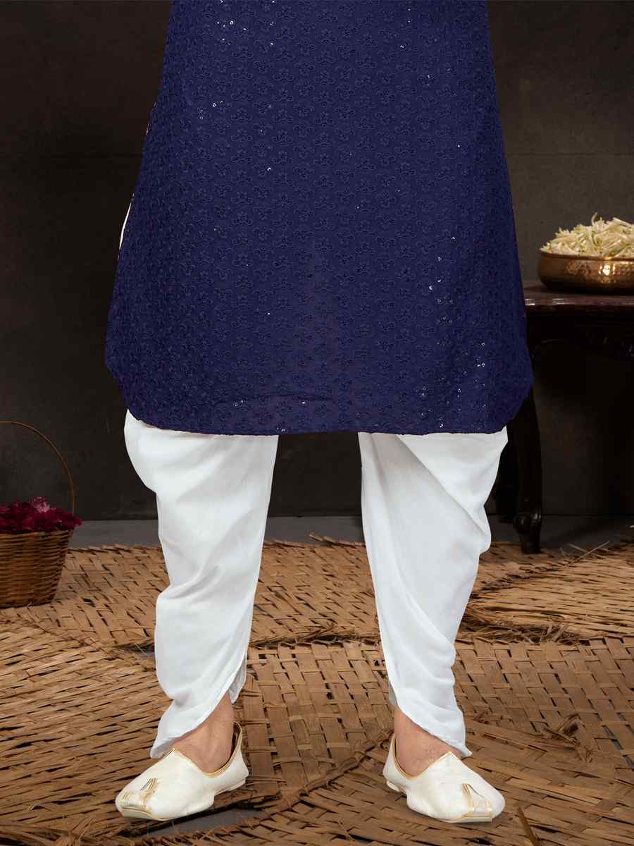 Navy Blue Rayon Lucknowi Woven Festival Wedding Kurta