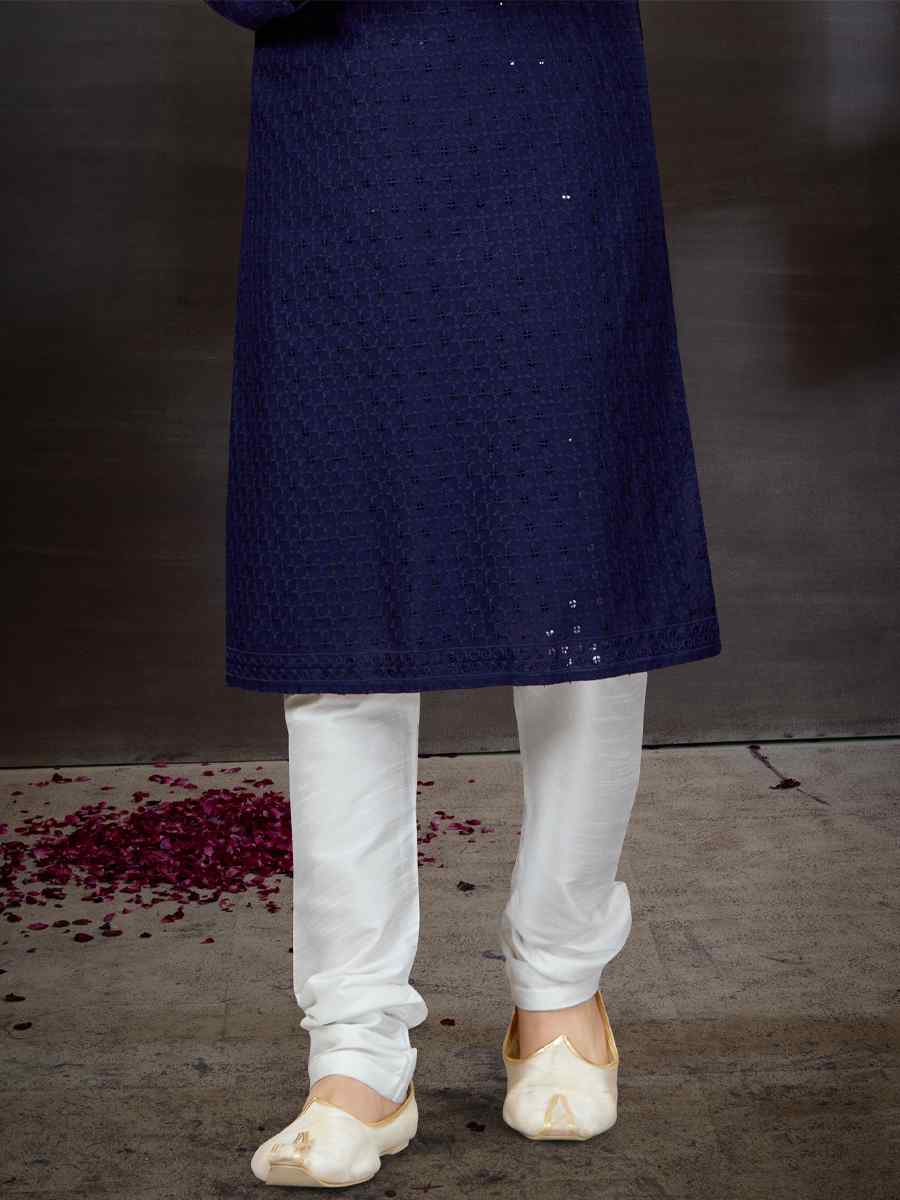 Navy Blue Rayon Lucknowi Woven Festival Wedding Kurta