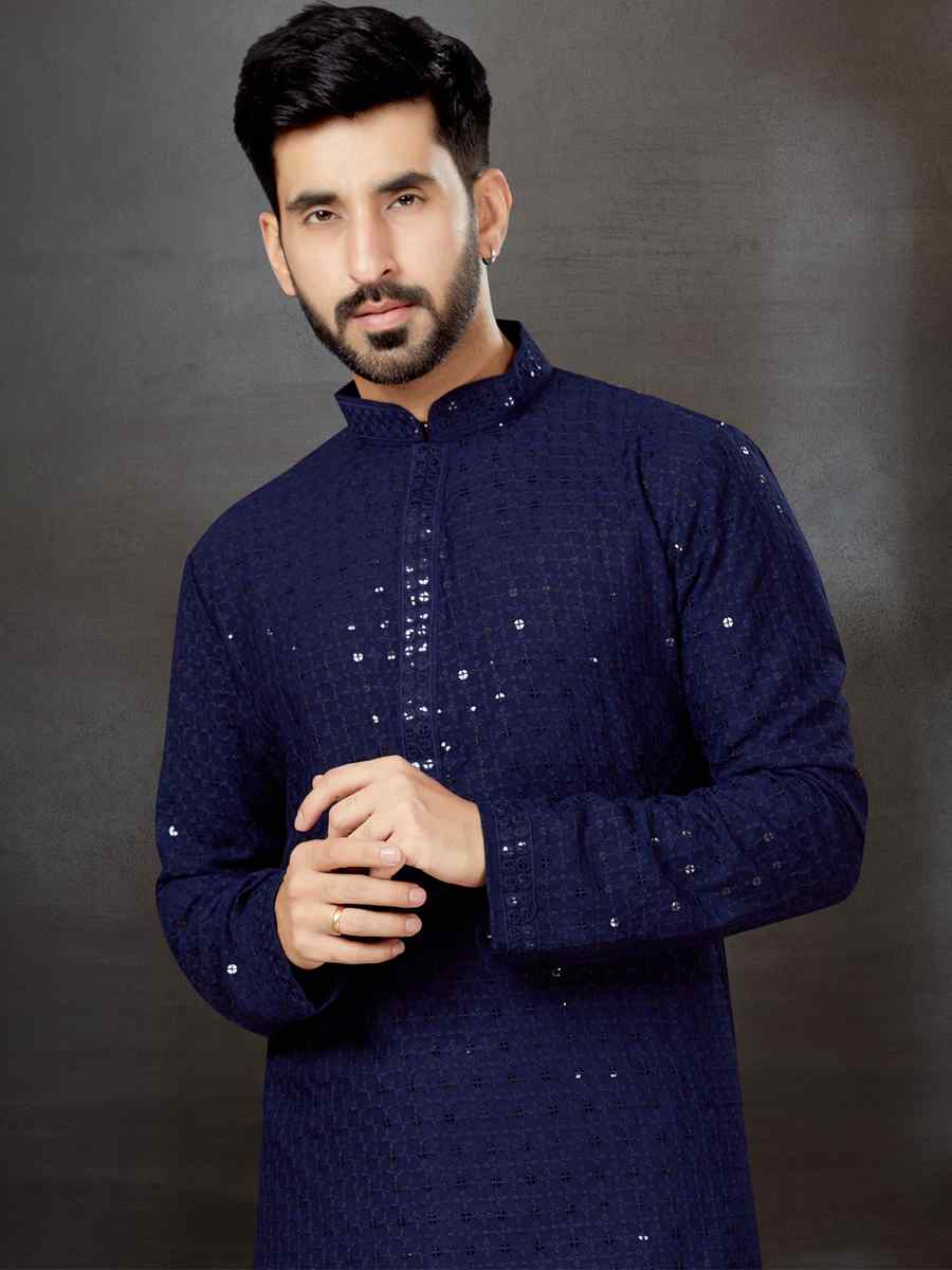 Navy Blue Rayon Lucknowi Woven Festival Wedding Kurta