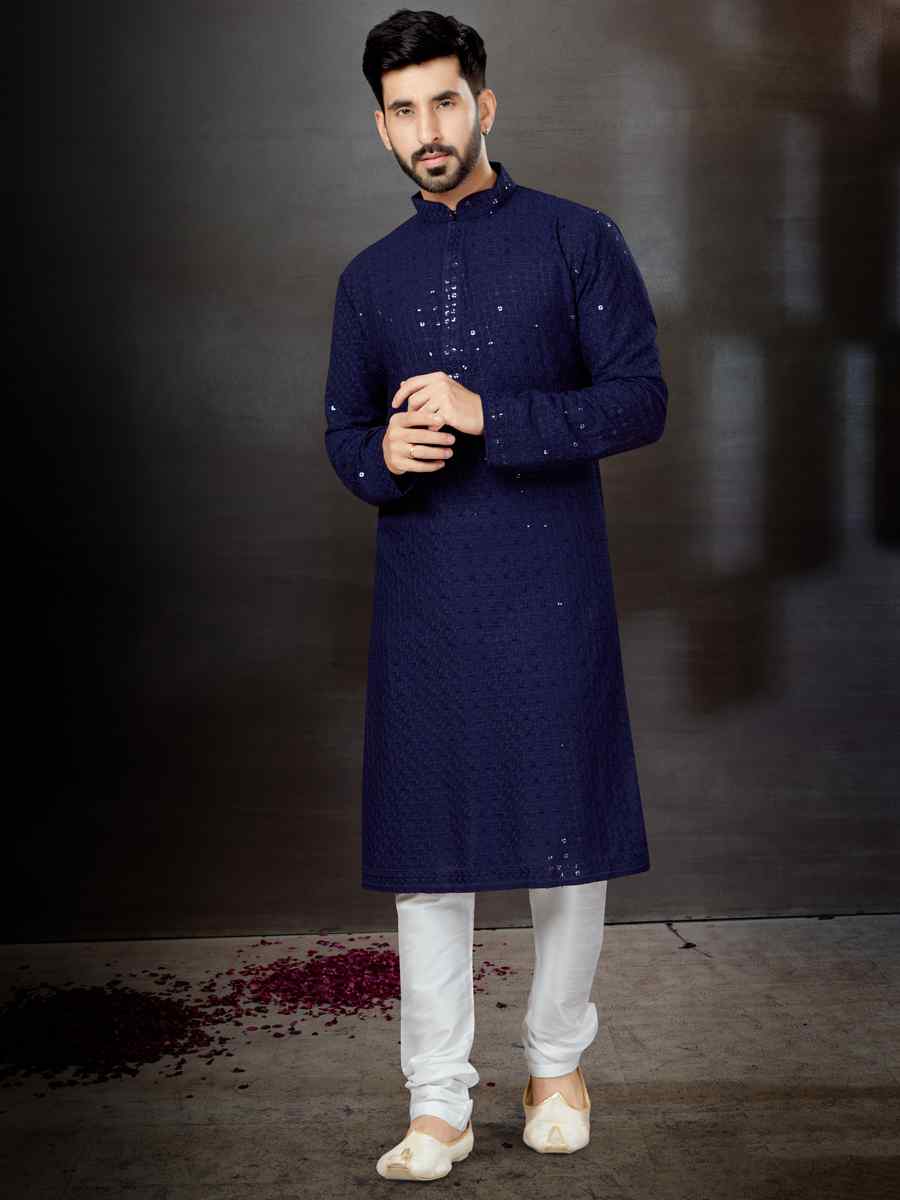 Navy Blue Rayon Lucknowi Woven Festival Wedding Kurta