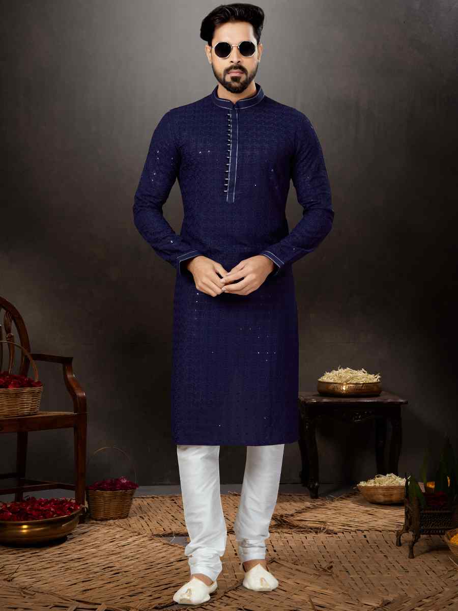 Navy Blue Rayon Lucknowi Woven Festival Wedding Kurta