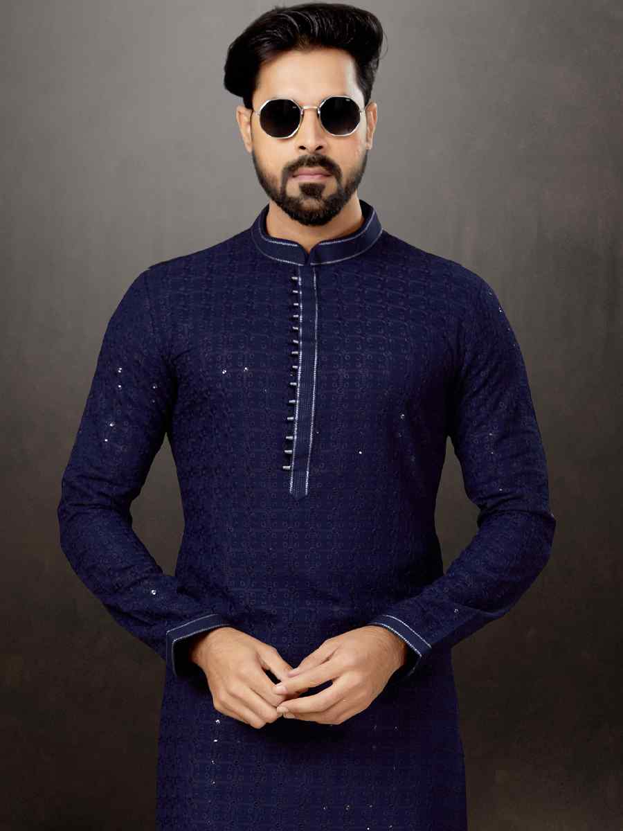 Navy Blue Rayon Lucknowi Woven Festival Wedding Kurta