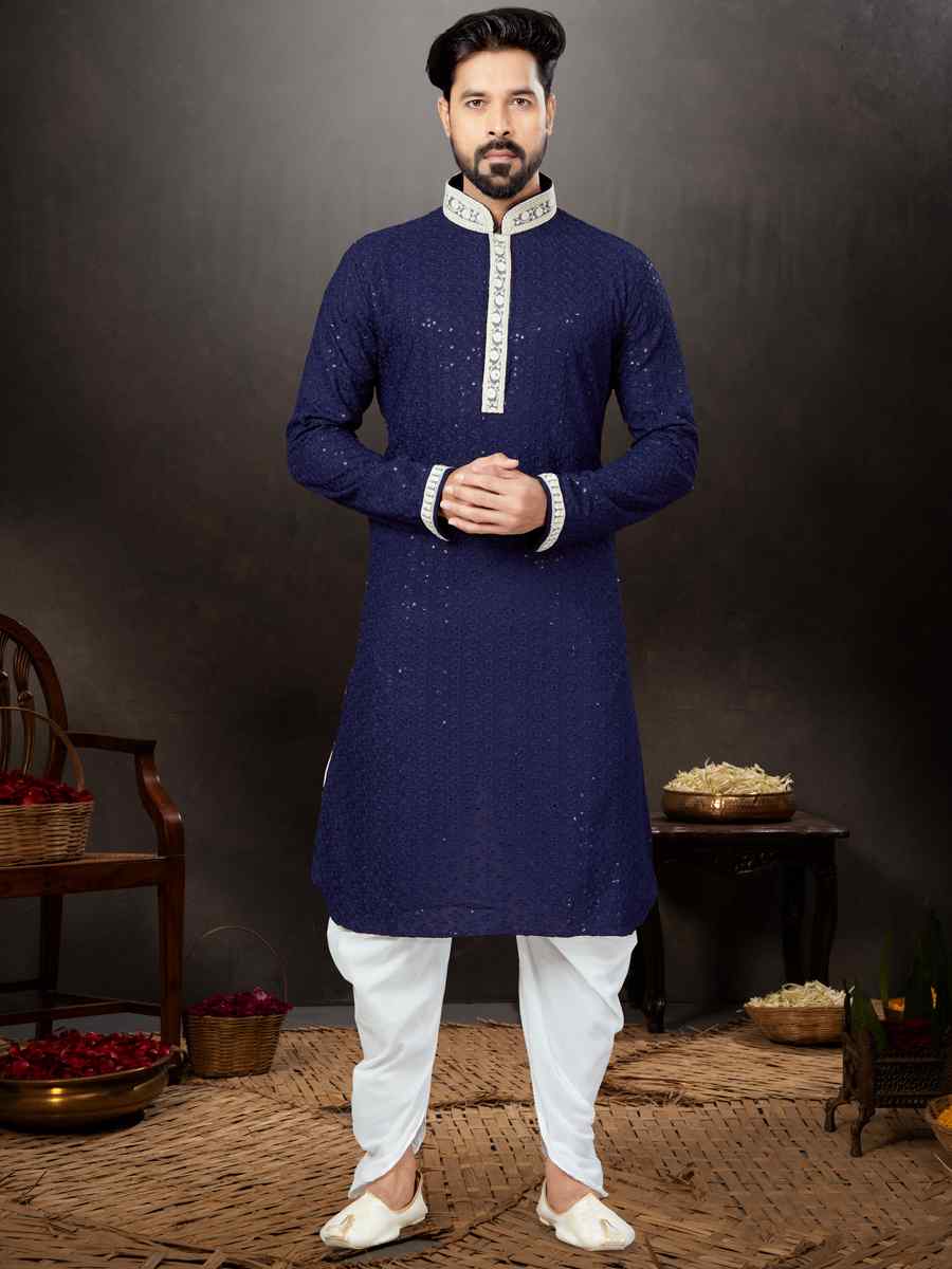 Navy Blue Rayon Lucknowi Woven Festival Wedding Kurta