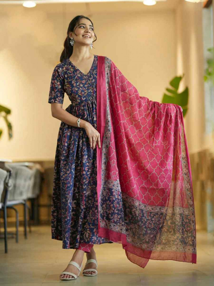 Image of Navy Blue Rayon Printed Party Wedding Festival Casual Ready Anarkali Salwar Kameez