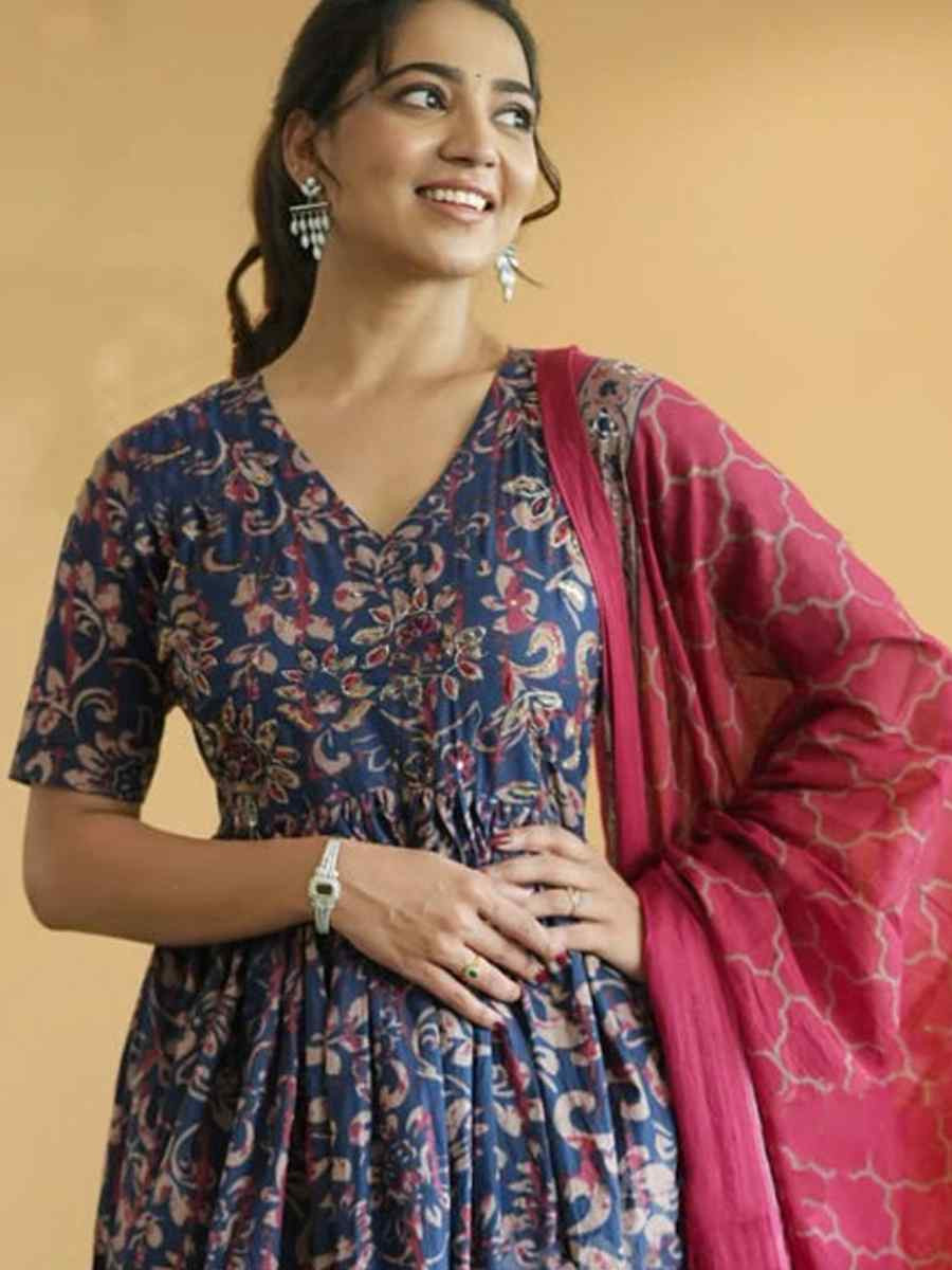 Navy Blue Rayon Printed Party Wedding Festival Casual Ready Anarkali Salwar Kameez