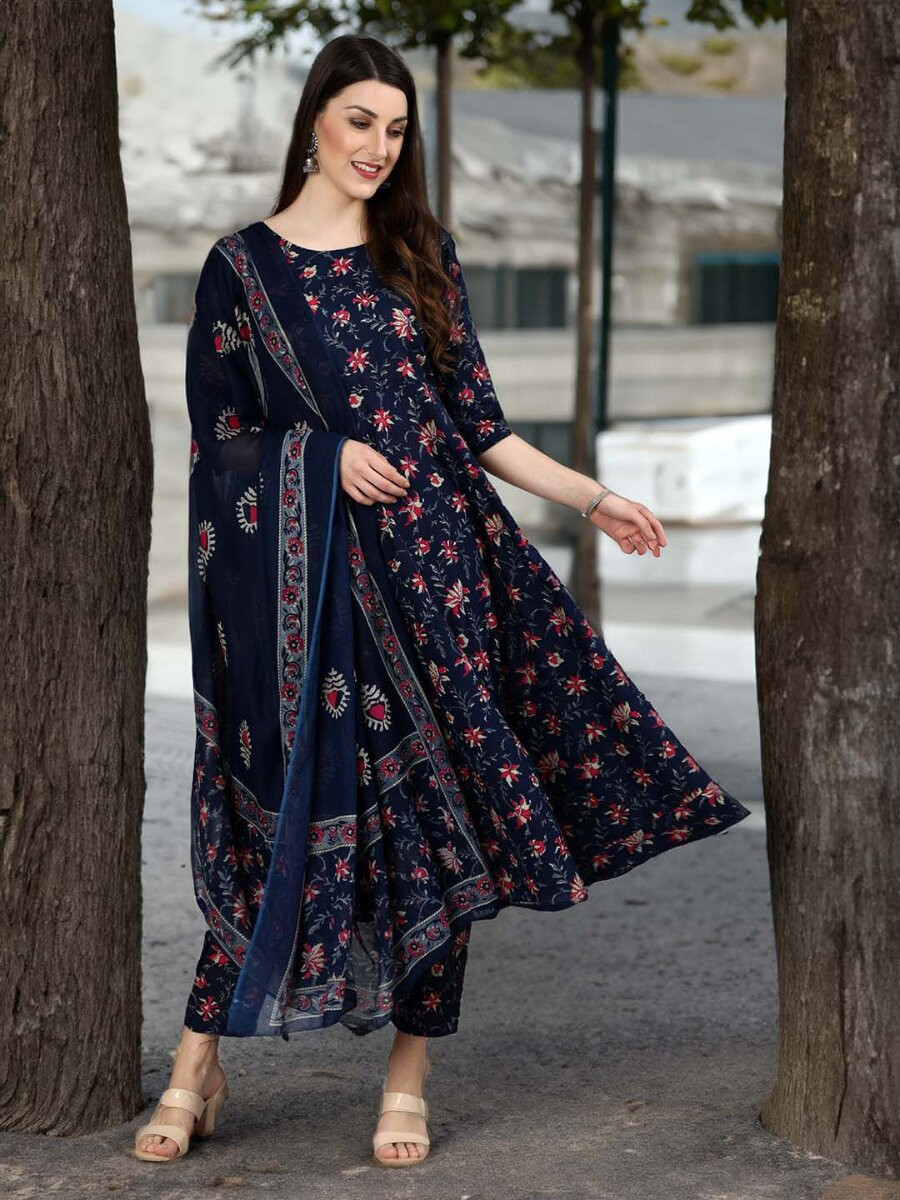 Navy Blue Rayon Printed Wedding Party Festival Casual Ready Palazzo Pant Salwar Kameez