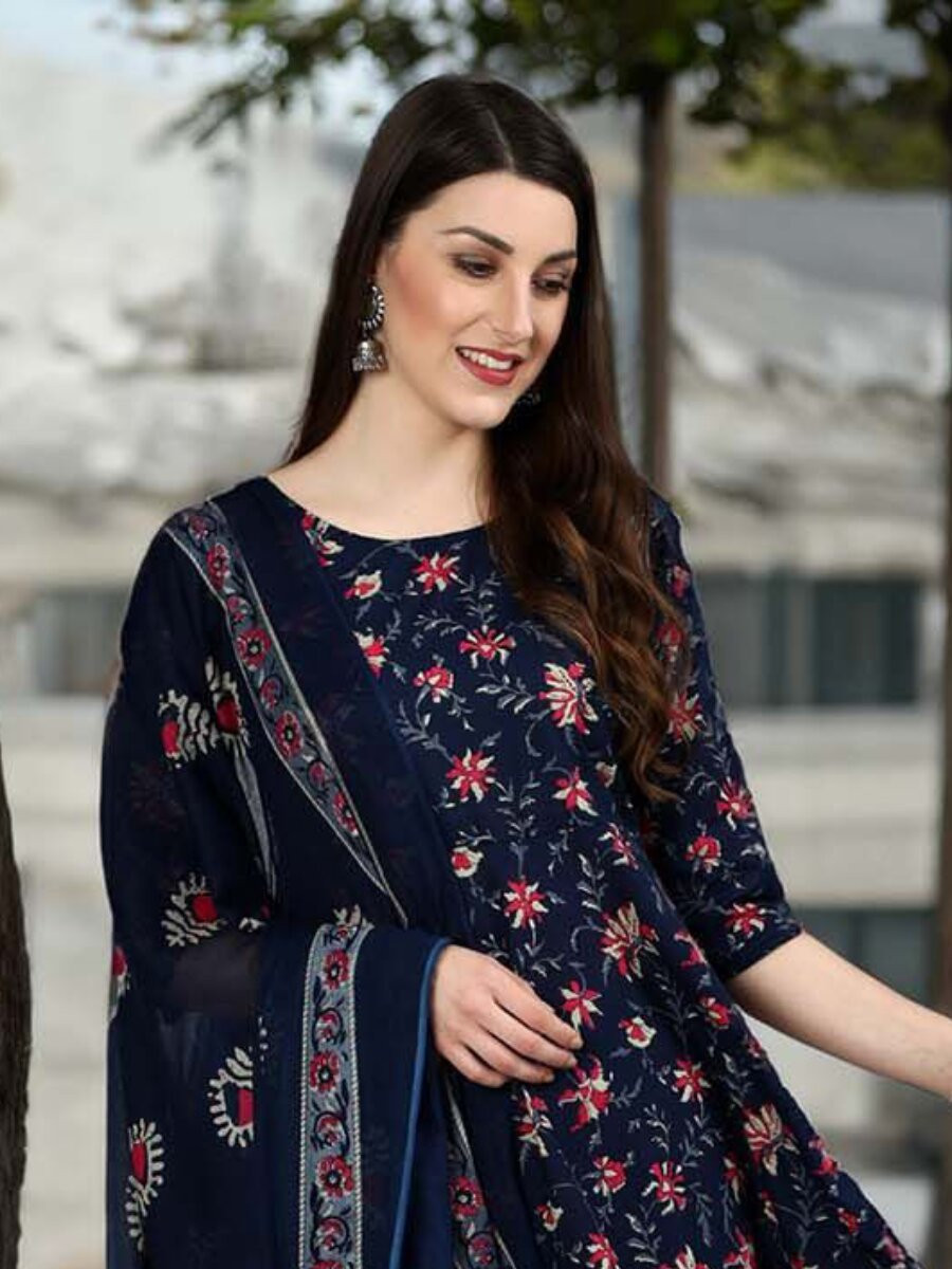 Navy Blue Rayon Printed Wedding Party Festival Casual Ready Palazzo Pant Salwar Kameez