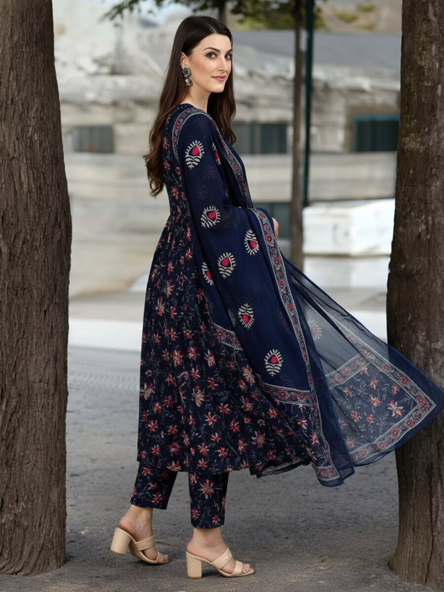 Navy Blue Rayon Printed Wedding Party Festival Casual Ready Palazzo Pant Salwar Kameez