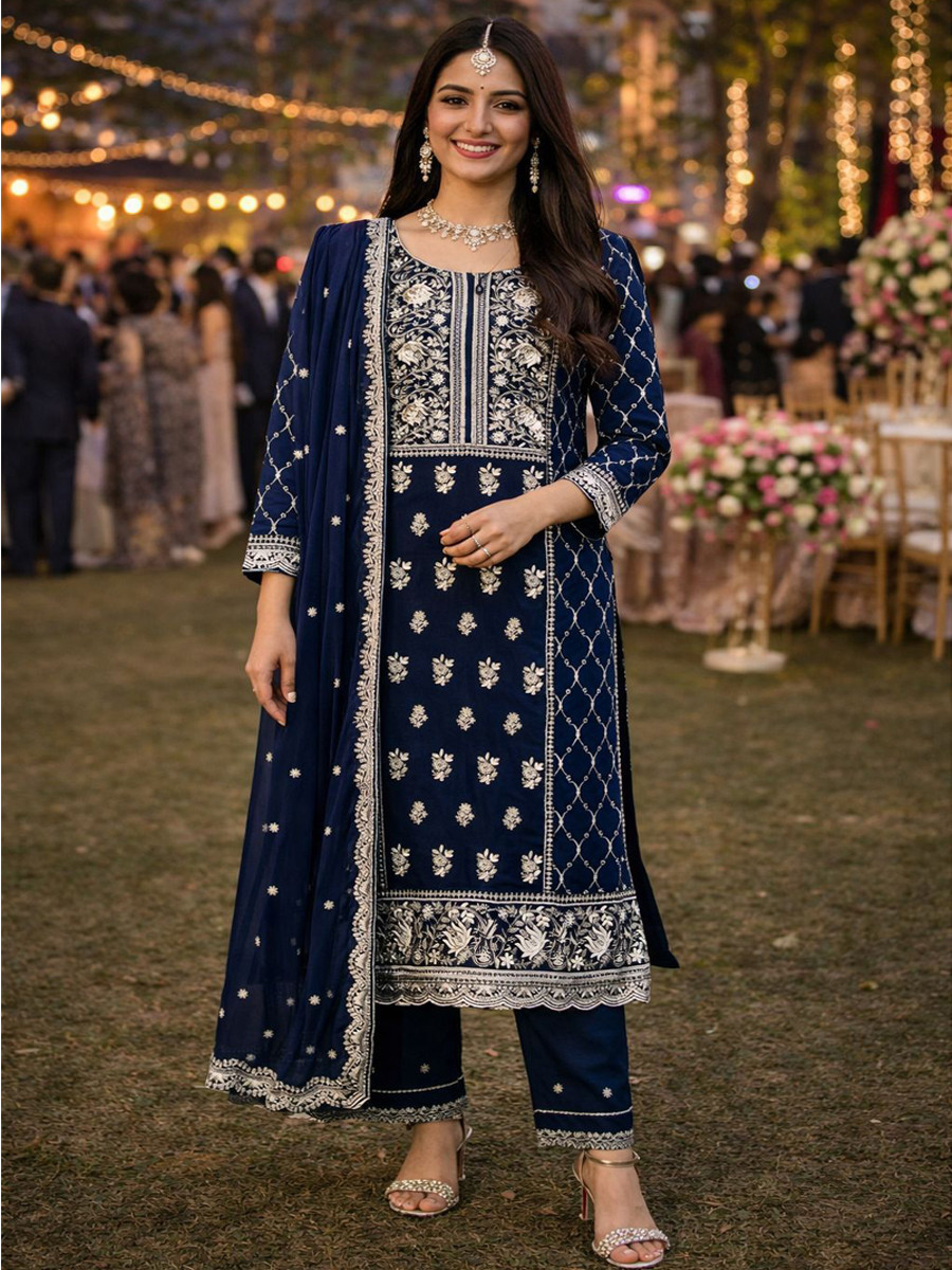 Navy Blue Real Premium Georgette Embroidery Party Wedding and Sequins Work Festival Casual Ready Pant Salwar Kameez