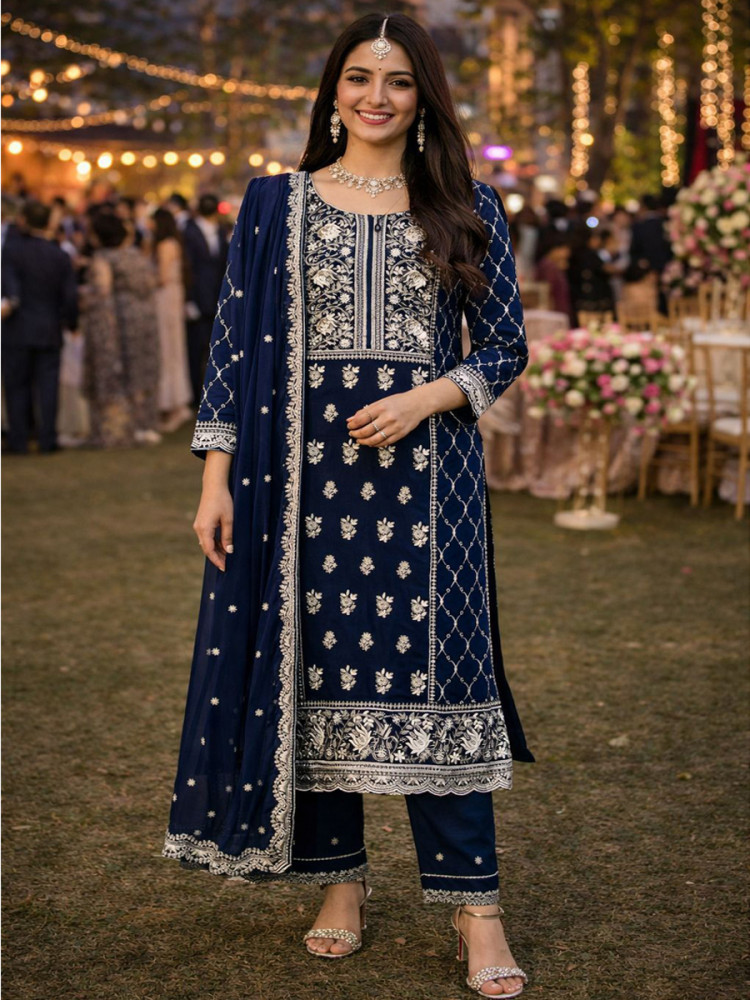 Image of Navy Blue Real Premium Georgette Embroidery Party Wedding and Sequins Work Festival Casual Ready Pant Salwar Kameez