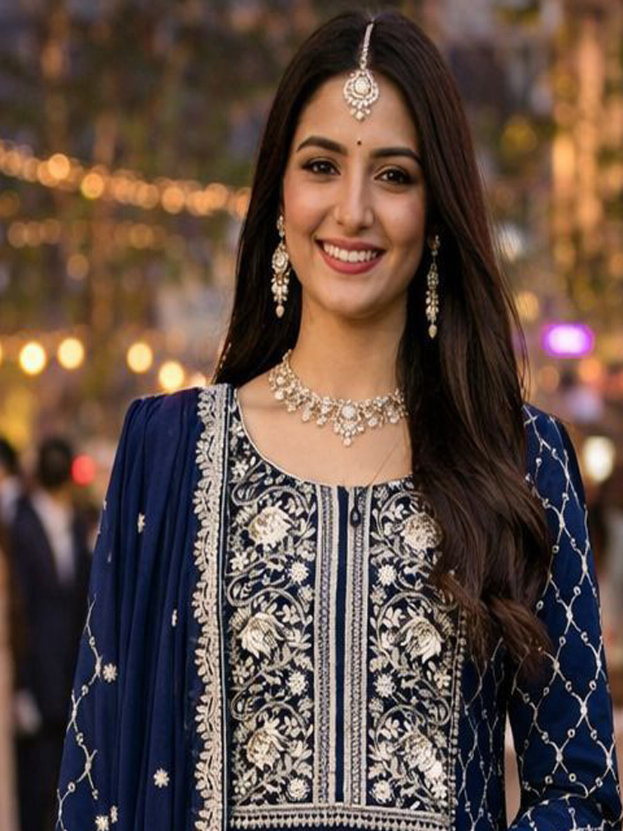 Navy Blue Real Premium Georgette Embroidery Party Wedding and Sequins Work Festival Casual Ready Pant Salwar Kameez