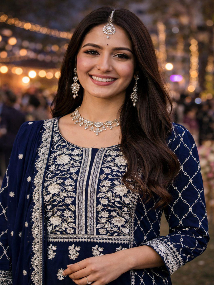 Navy Blue Real Premium Georgette Embroidery Party Wedding and Sequins Work Festival Casual Ready Pant Salwar Kameez