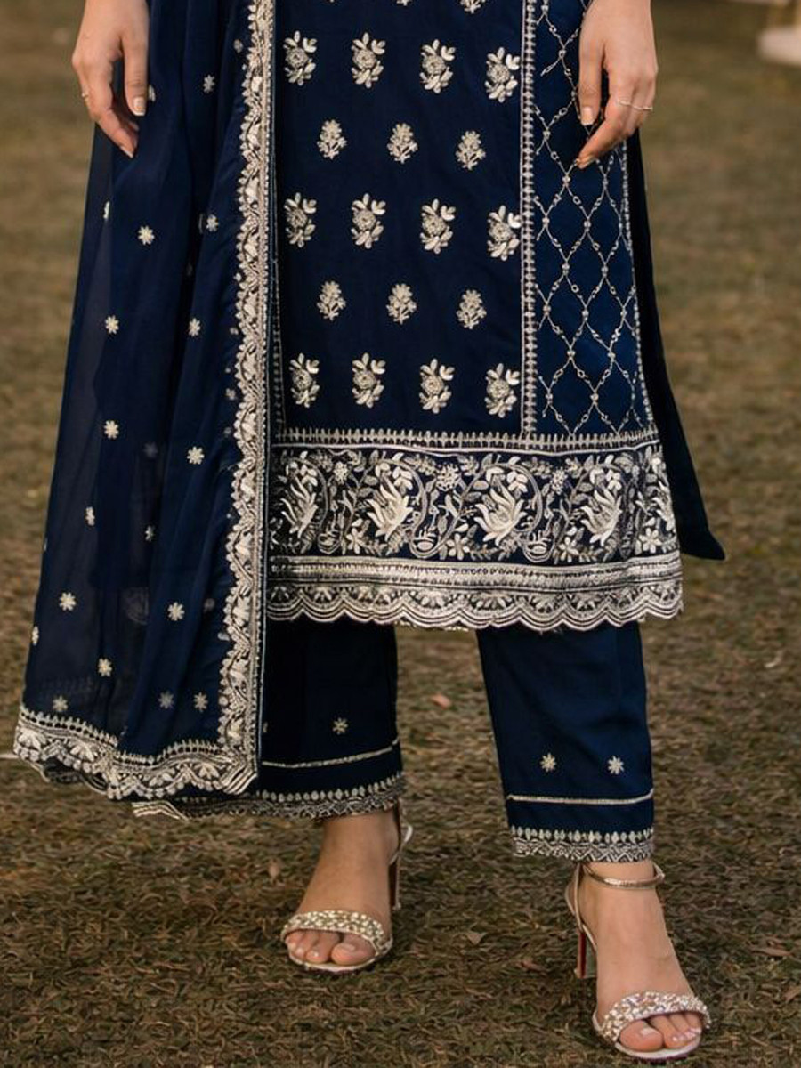 Navy Blue Real Premium Georgette Embroidery Party Wedding and Sequins Work Festival Casual Ready Pant Salwar Kameez