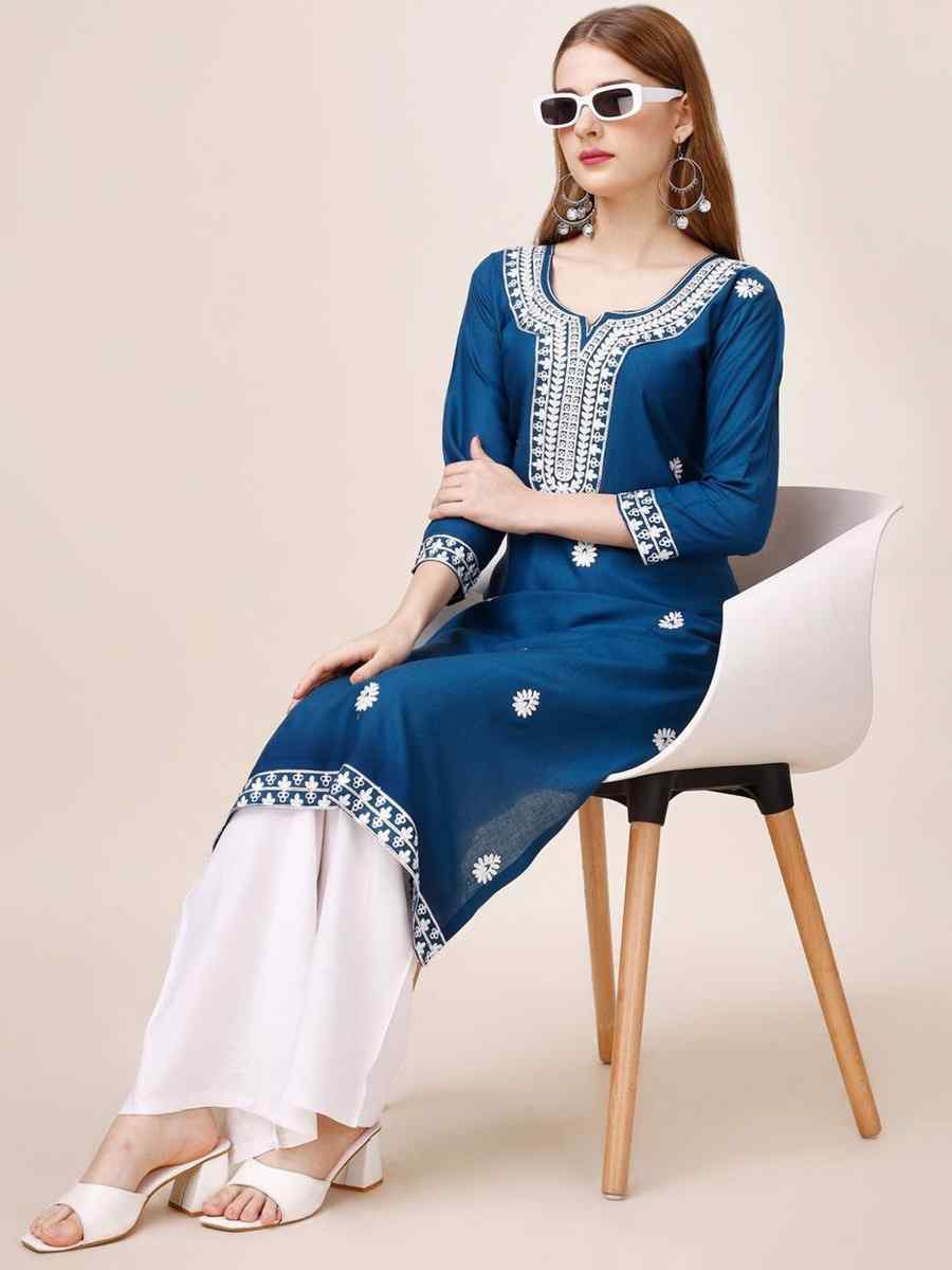 Navy Blue Riyon Cotton Embroidered Festival Casual Kurti
