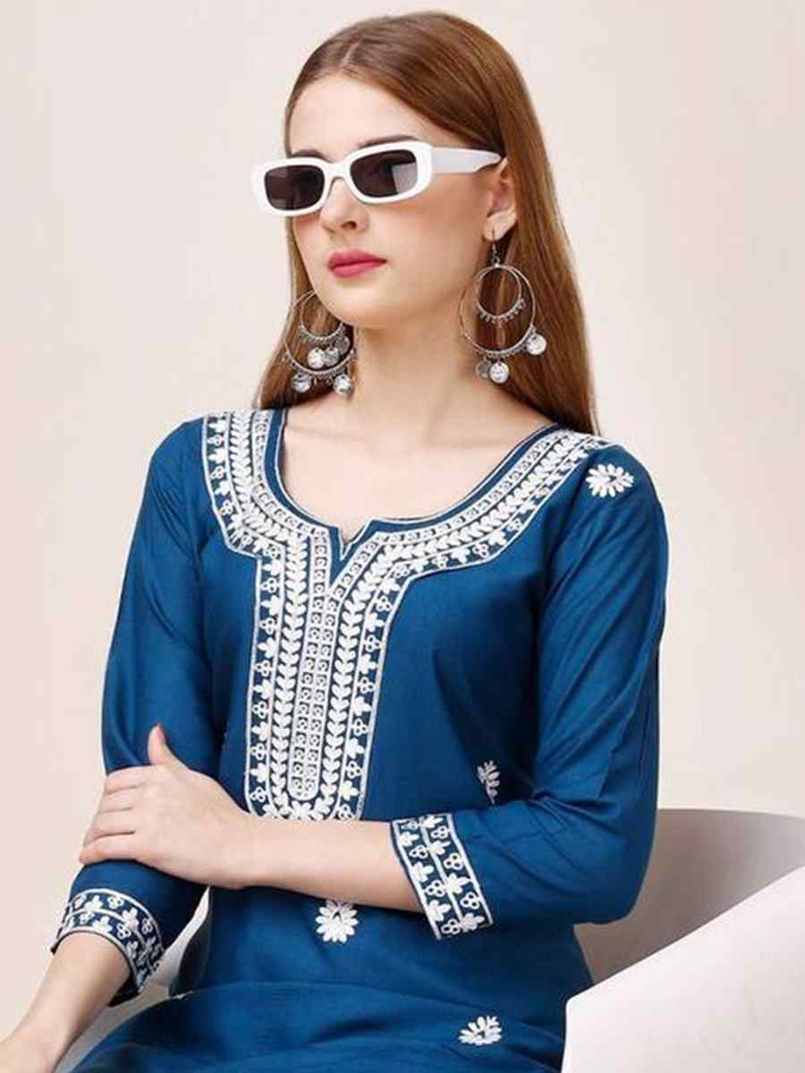 Navy Blue Riyon Cotton Embroidered Festival Casual Kurti