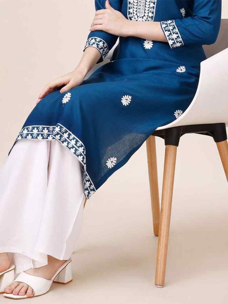 Navy Blue Riyon Cotton Embroidered Festival Casual Kurti