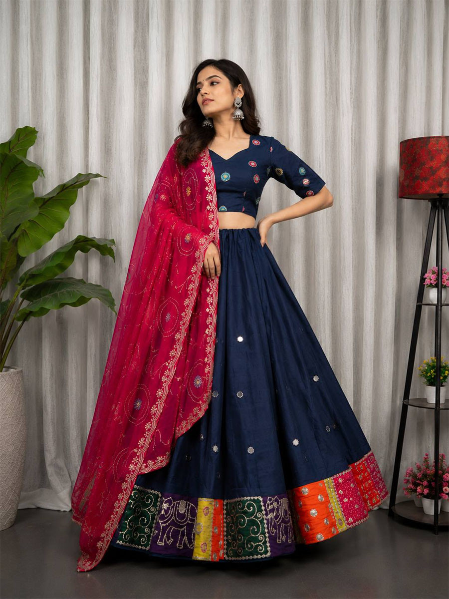 Navy Blue Roman silk Embroidery Sequins Wedding Reception Festival Ready Heavy Border Lehenga Choli