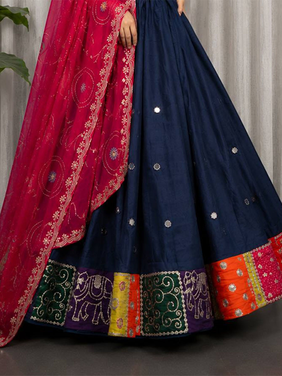 Navy Blue Roman silk Embroidery Sequins Wedding Reception Festival Ready Heavy Border Lehenga Choli