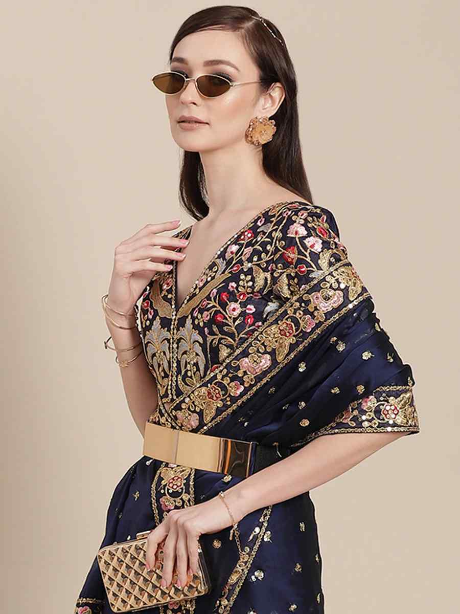 Navy Blue Royal Vichitra Silk Handwoven Wedding Festival Heavy Border Saree