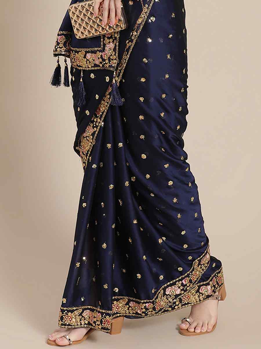 Navy Blue Royal Vichitra Silk Handwoven Wedding Festival Heavy Border Saree