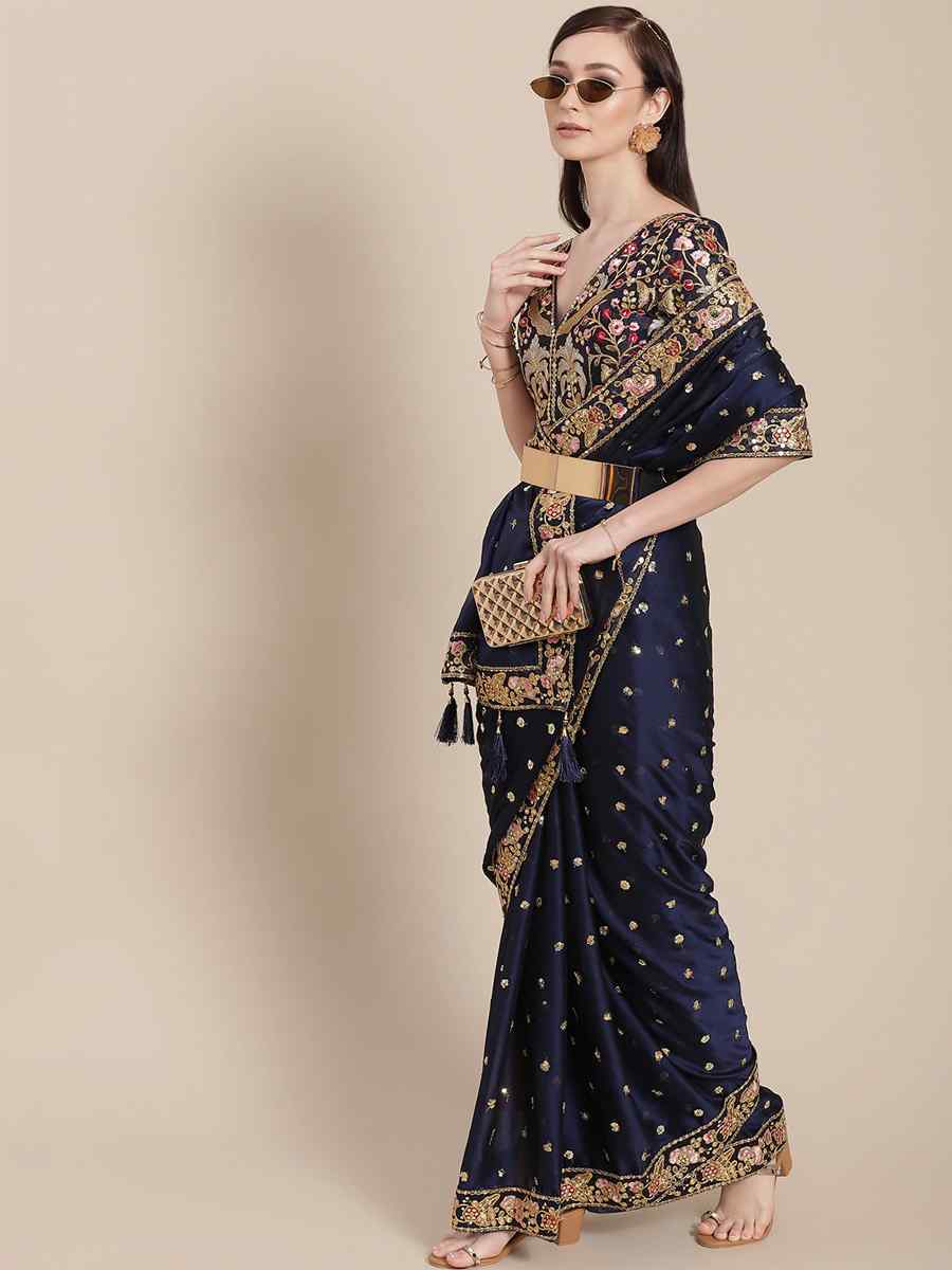 Navy Blue Royal Vichitra Silk Handwoven Wedding Festival Heavy Border Saree