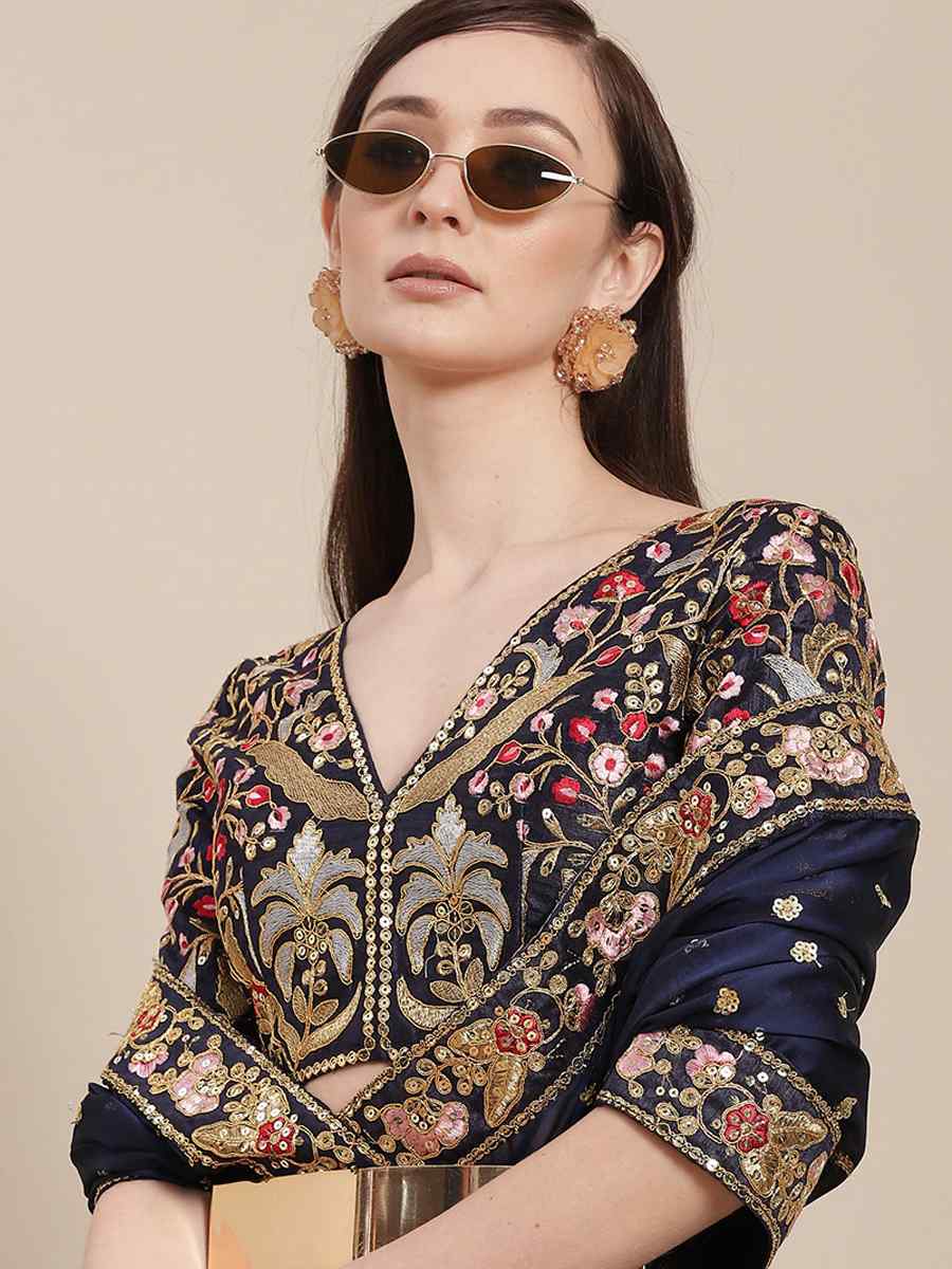 Navy Blue Royal Vichitra Silk Handwoven Wedding Festival Heavy Border Saree