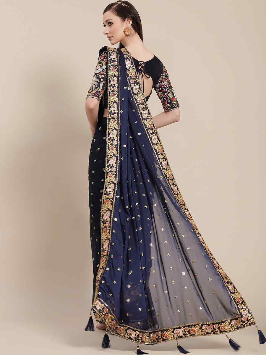 Navy Blue Royal Vichitra Silk Handwoven Wedding Festival Heavy Border Saree