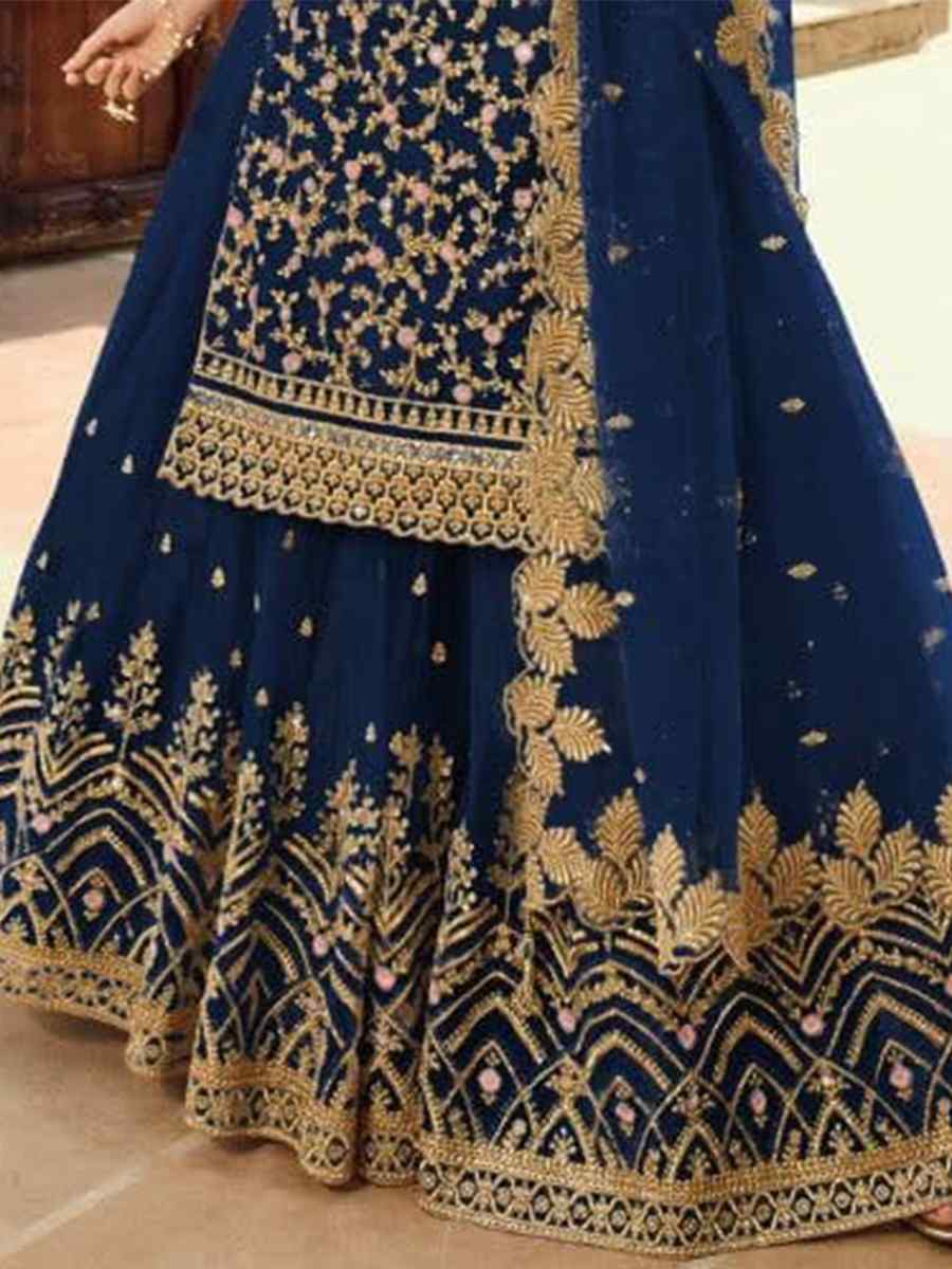 Navy Blue Santoon Embroidered Bridesmaid Reception Kurti Lehenga Choli