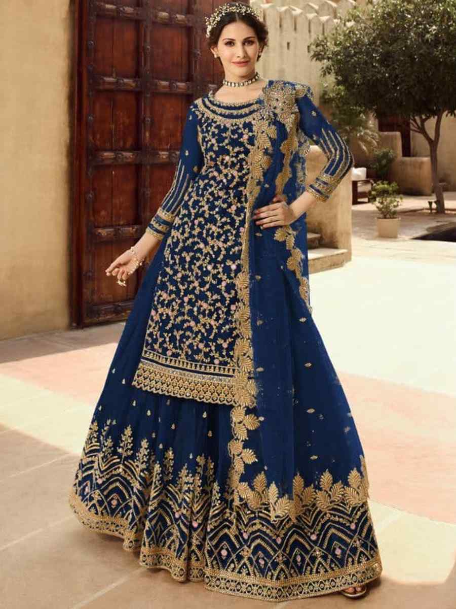 Navy Blue Santoon Embroidered Bridesmaid Reception Kurti Lehenga Choli