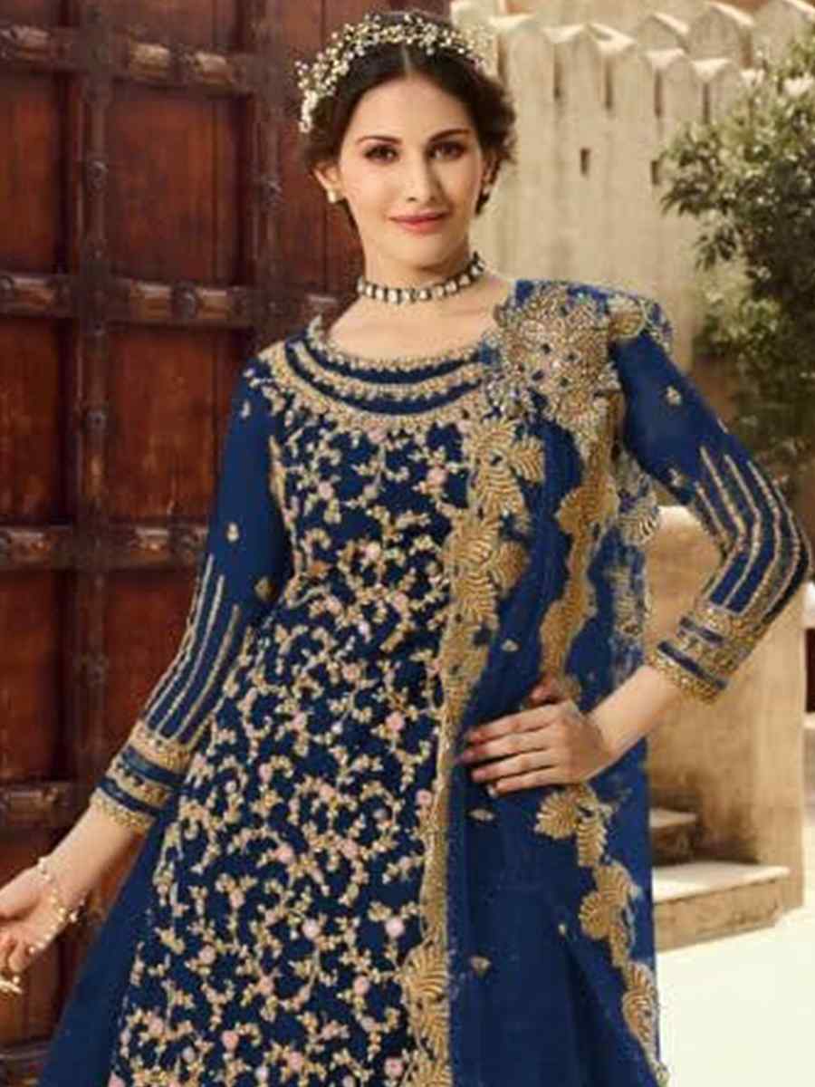 Navy Blue Santoon Embroidered Bridesmaid Reception Kurti Lehenga Choli