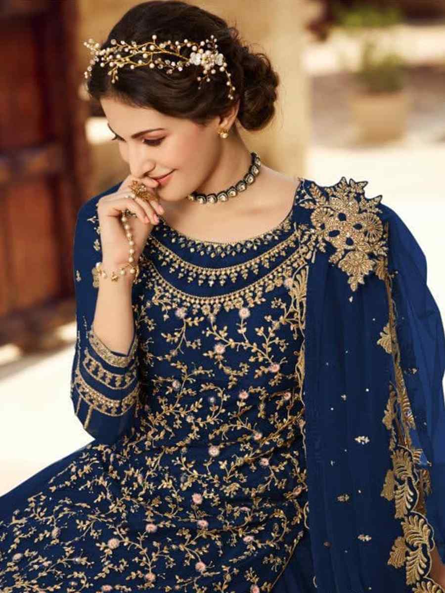 Navy Blue Santoon Embroidered Bridesmaid Reception Kurti Lehenga Choli