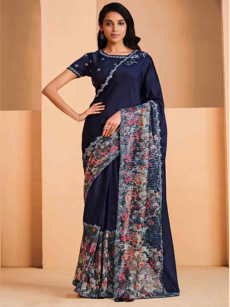 Navy Blue Satin Crepe Silk Embroidered Party Festival Heavy Border Saree