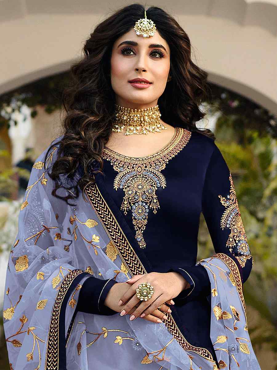 Navy Blue Satin Georgette Embroidered Wedding Party Bollywood Style Churidar Salwar Kameez