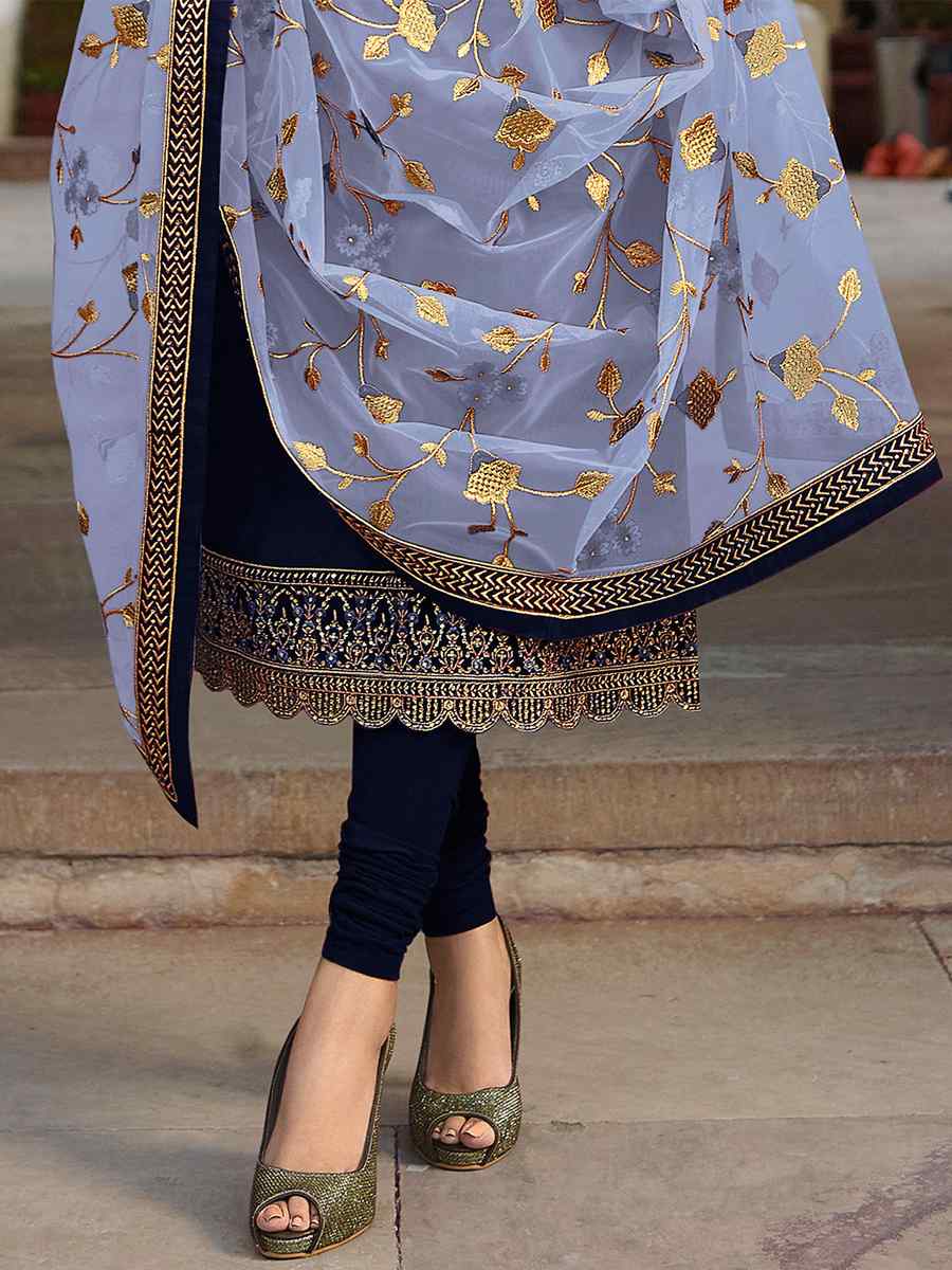 Navy Blue Satin Georgette Embroidered Wedding Party Bollywood Style Churidar Salwar Kameez