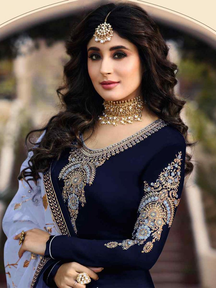 Navy Blue Satin Georgette Embroidered Wedding Party Bollywood Style Churidar Salwar Kameez