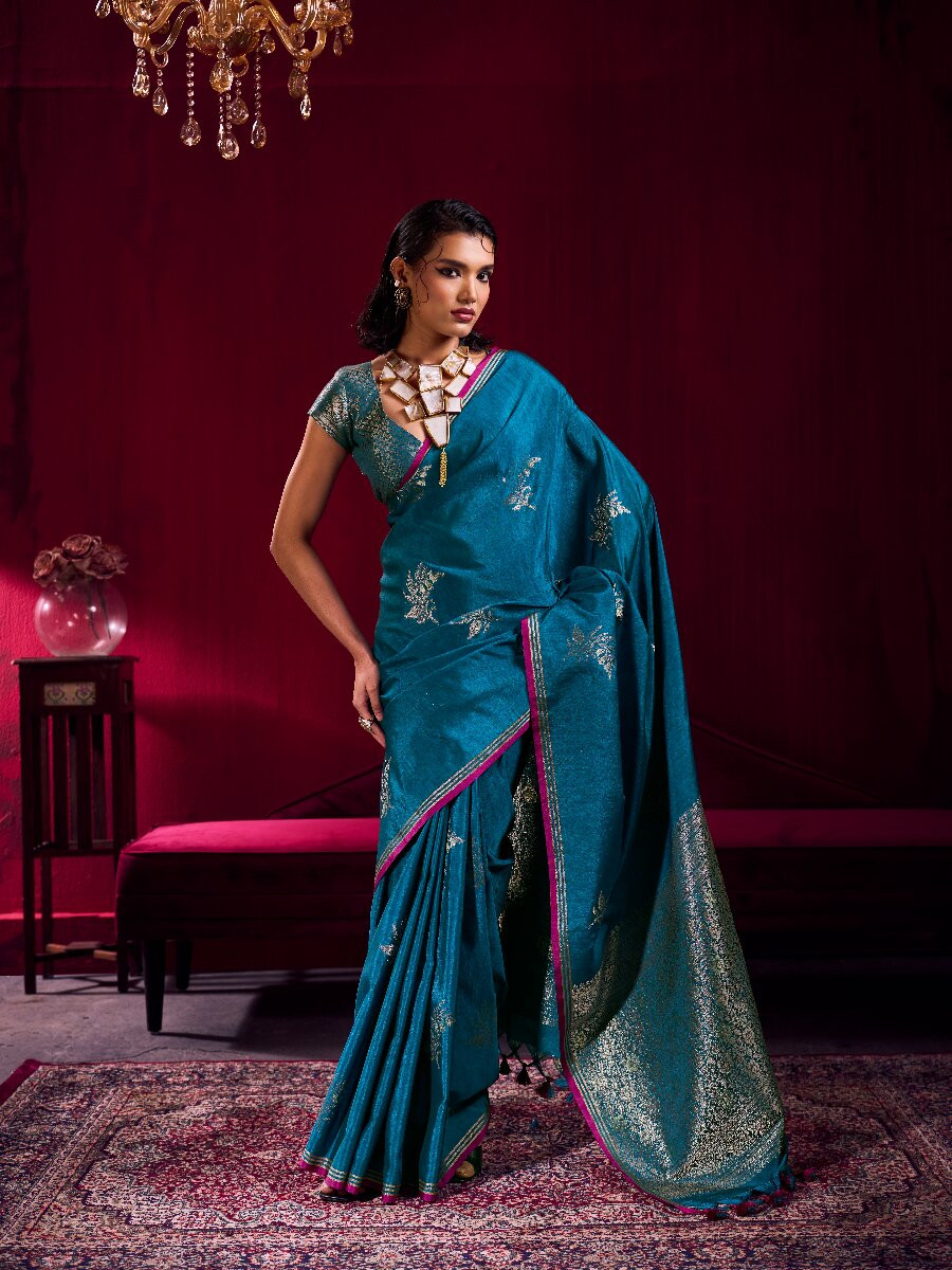 Navy Blue Satin Linen Silk Handwoven Weaving Wedding Reception Party Festival Heavy Border Sarees
