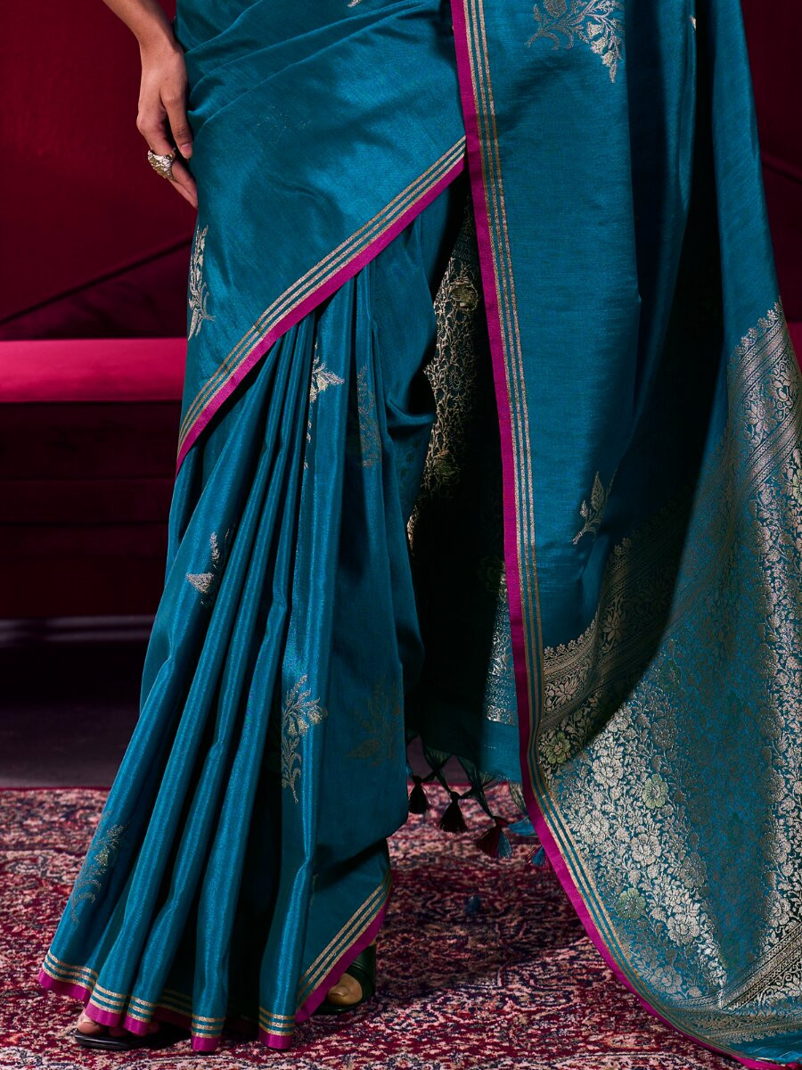 Navy Blue Satin Linen Silk Handwoven Weaving Wedding Reception Party Festival Heavy Border Sarees