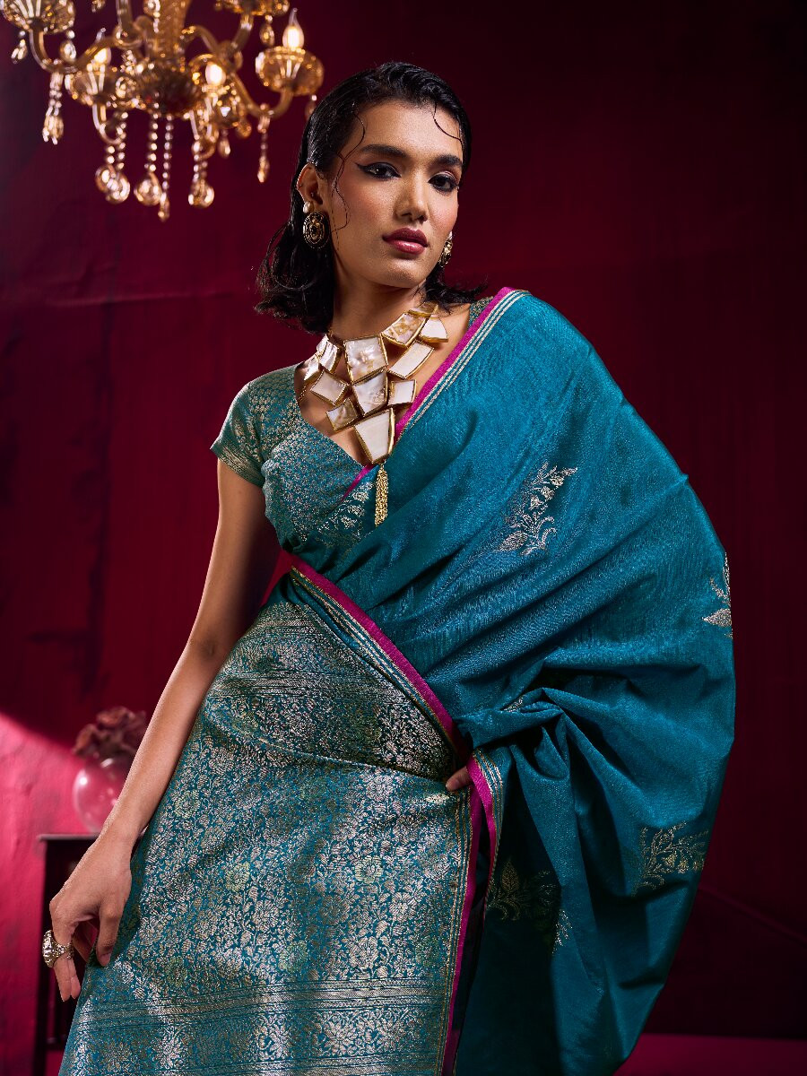 Navy Blue Satin Linen Silk Handwoven Weaving Wedding Reception Party Festival Heavy Border Sarees