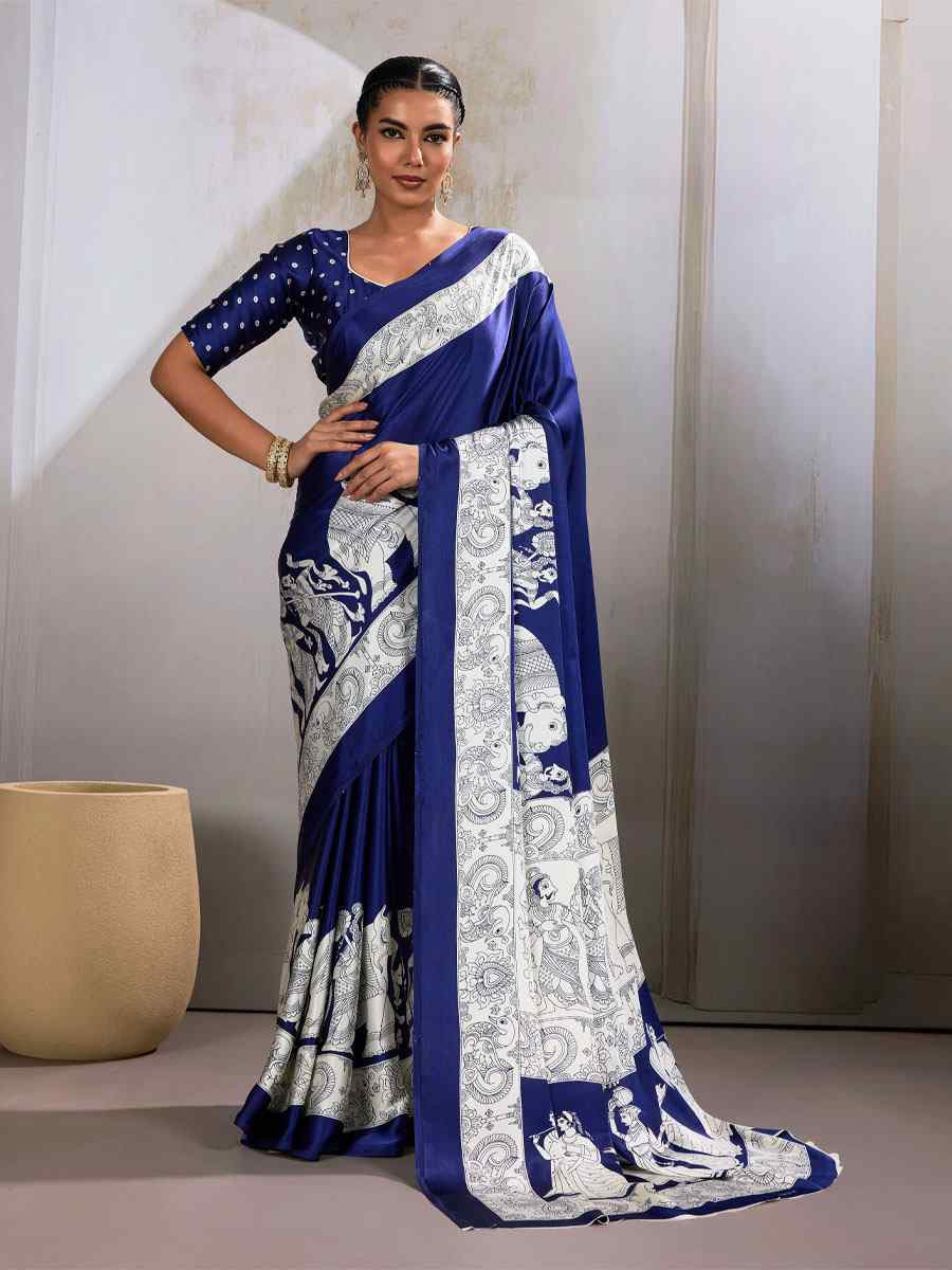 Navy Blue Satin Silk Printed Traditional Casual Reception Festival Wedding Fancy Heavy Border Saree
